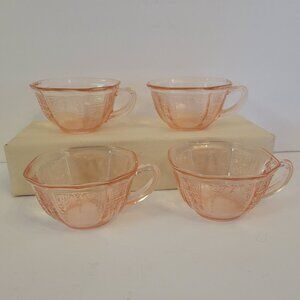 Vintage Anchor Hocking Pincess Pink Depression Glass Tea Cups With Etched Floral